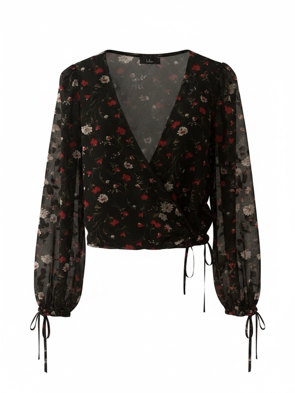 Lulu's Black Floral Wrap Crop Blouse